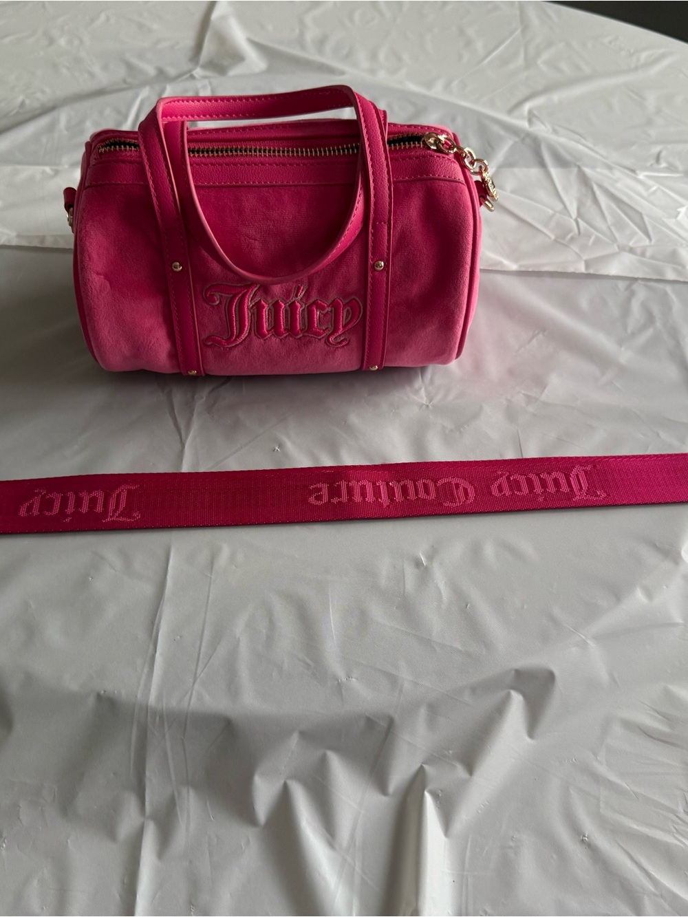 Juicy Couture Pink Velour Mini Barrel Bag Y2K Crossbody - Picture 9 of 15